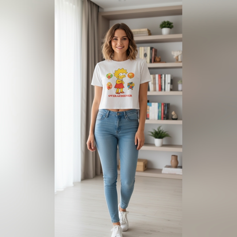 Women's Medium Lisa Simpson "Overachiever" Crop Top T-Shirt - The Simpsons